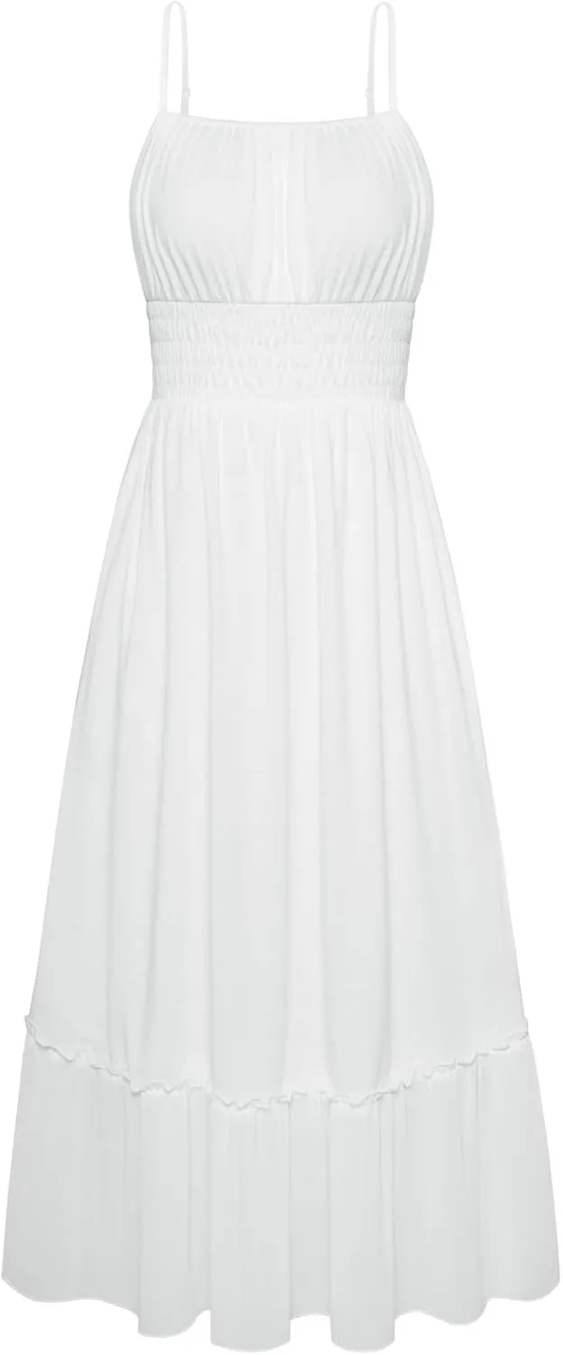 GRACE KARIN Womens 2025 Summer Dress Casual Sleeveless Spaghetti Strap Smocked Ruffle Beach Long Maxi Dress with Pockets