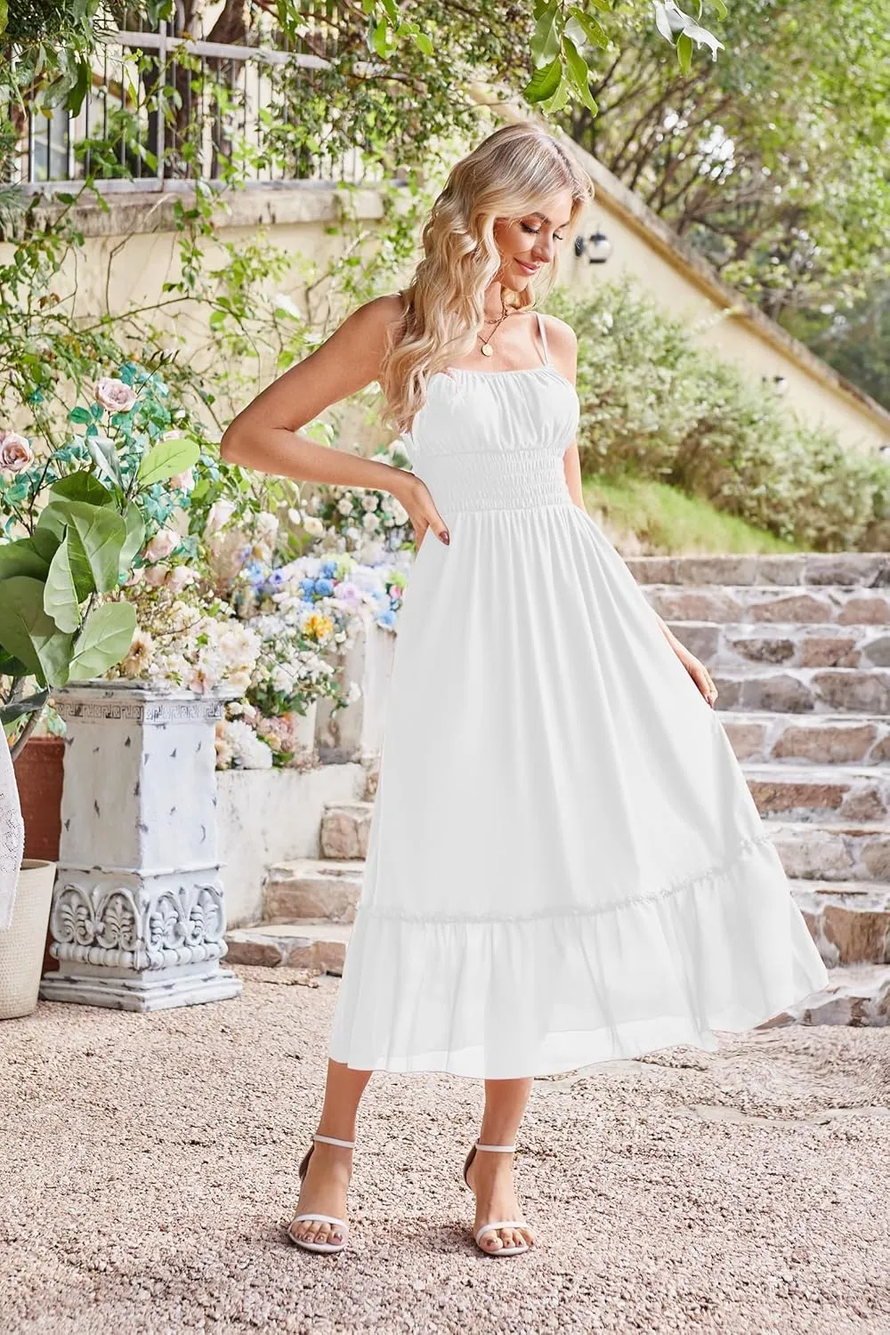 GRACE KARIN Womens 2025 Summer Dress Casual Sleeveless Spaghetti Strap Smocked Ruffle Beach Long Maxi Dress with Pockets