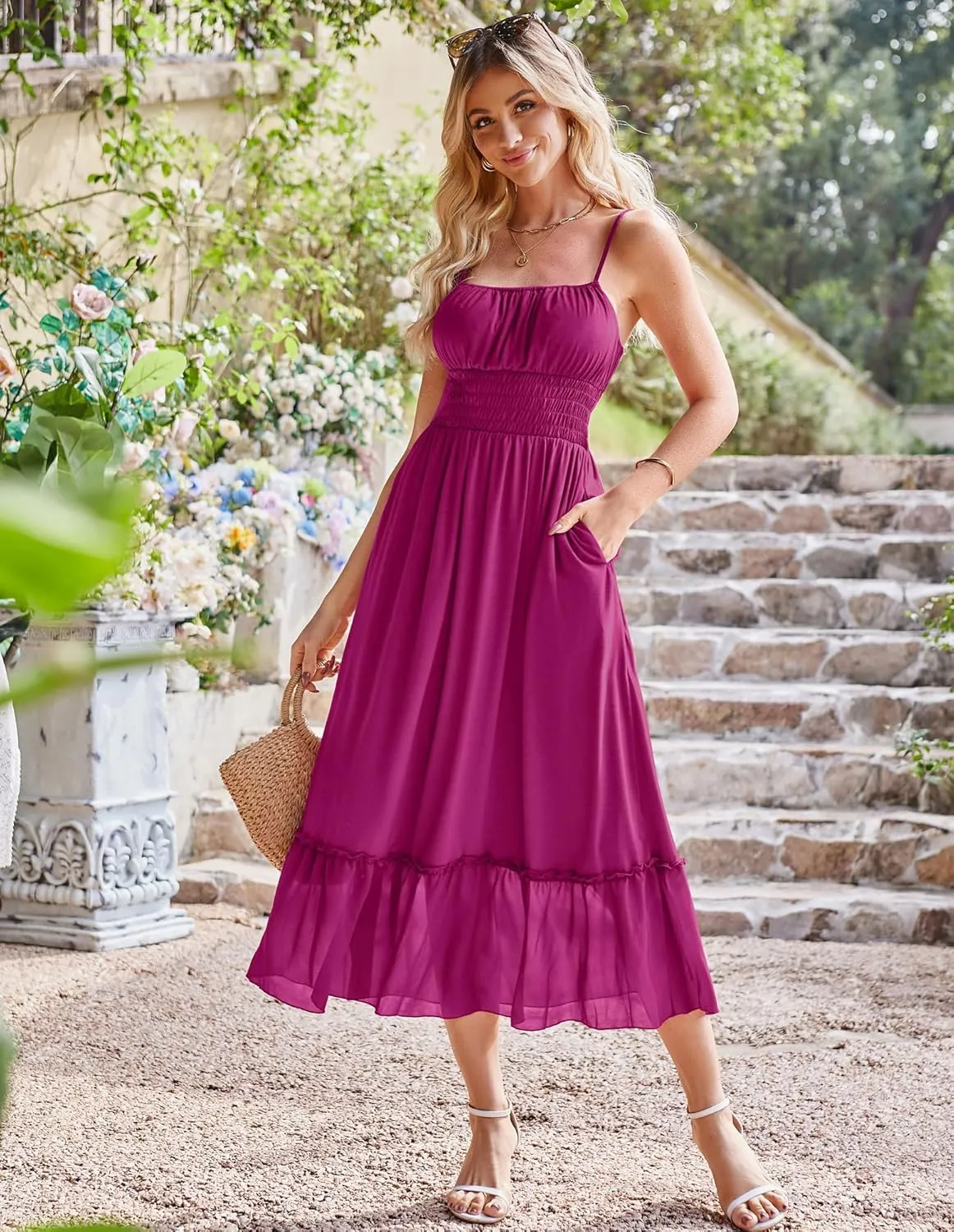 GRACE KARIN Womens 2025 Summer Dress Casual Sleeveless Spaghetti Strap Smocked Ruffle Beach Long Maxi Dress with Pockets