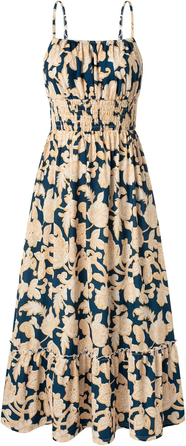 GRACE KARIN Womens 2025 Summer Maxi Dress Sleeveless Floral Spaghetti Strap Smocked Boho Beach Long Dress with Pockets