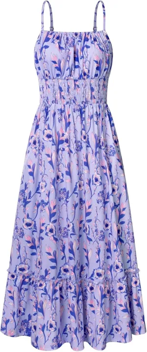 GRACE KARIN Womens 2025 Summer Maxi Dress Sleeveless Floral Spaghetti Strap Smocked Boho Beach Long Dress with Pockets