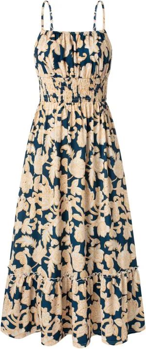 GRACE KARIN Womens 2025 Summer Maxi Dress Sleeveless Floral Spaghetti Strap Smocked Boho Beach Long Dress with Pockets