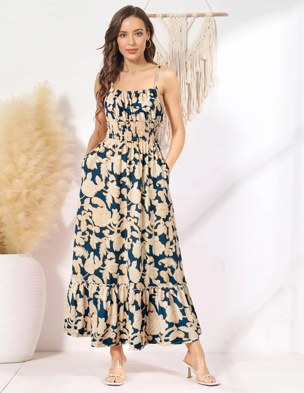 GRACE KARIN Womens 2025 Summer Maxi Dress Sleeveless Floral Spaghetti Strap Smocked Boho Beach Long Dress with Pockets