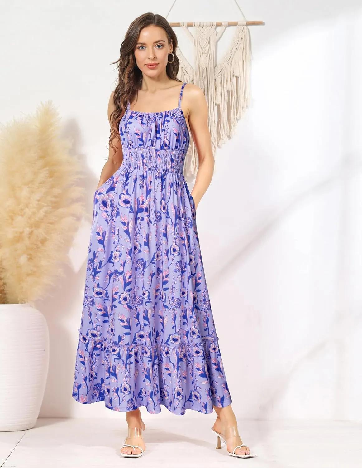 GRACE KARIN Womens 2025 Summer Maxi Dress Sleeveless Floral Spaghetti Strap Smocked Boho Beach Long Dress with Pockets