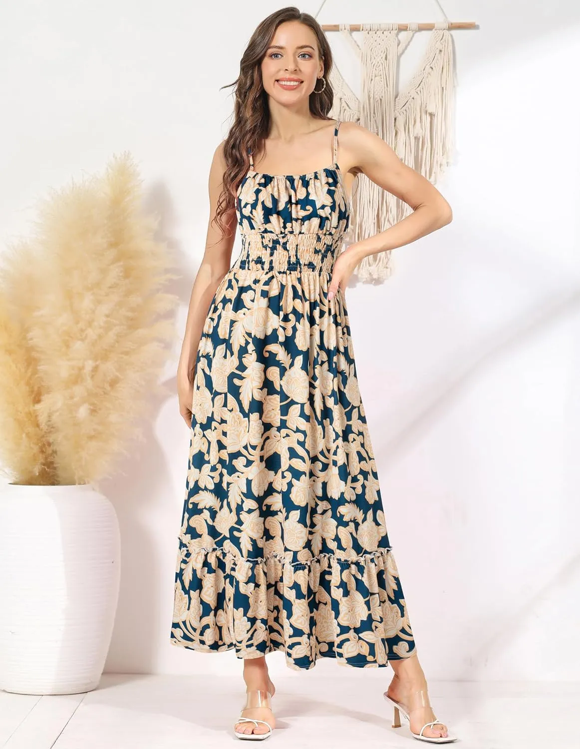 GRACE KARIN Womens 2025 Summer Maxi Dress Sleeveless Floral Spaghetti Strap Smocked Boho Beach Long Dress with Pockets