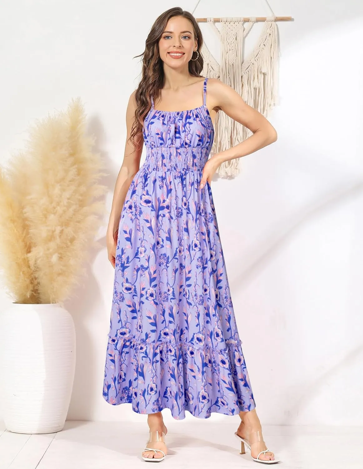 GRACE KARIN Womens 2025 Summer Maxi Dress Sleeveless Floral Spaghetti Strap Smocked Boho Beach Long Dress with Pockets