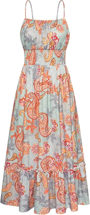 GRACE KARIN Womens 2025 Summer Maxi Dress Sleeveless Floral Spaghetti Strap Smocked Boho Beach Long Dress with Pockets