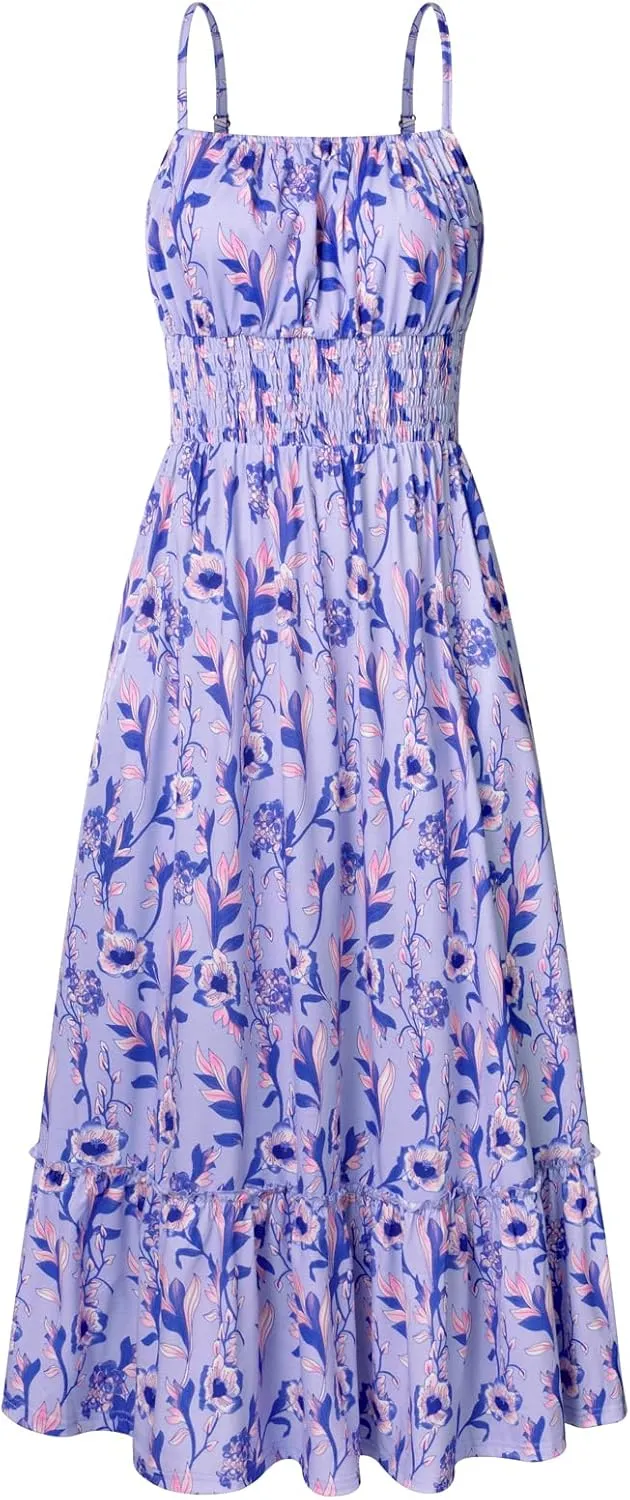 GRACE KARIN Womens 2025 Summer Maxi Dress Sleeveless Floral Spaghetti Strap Smocked Boho Beach Long Dress with Pockets