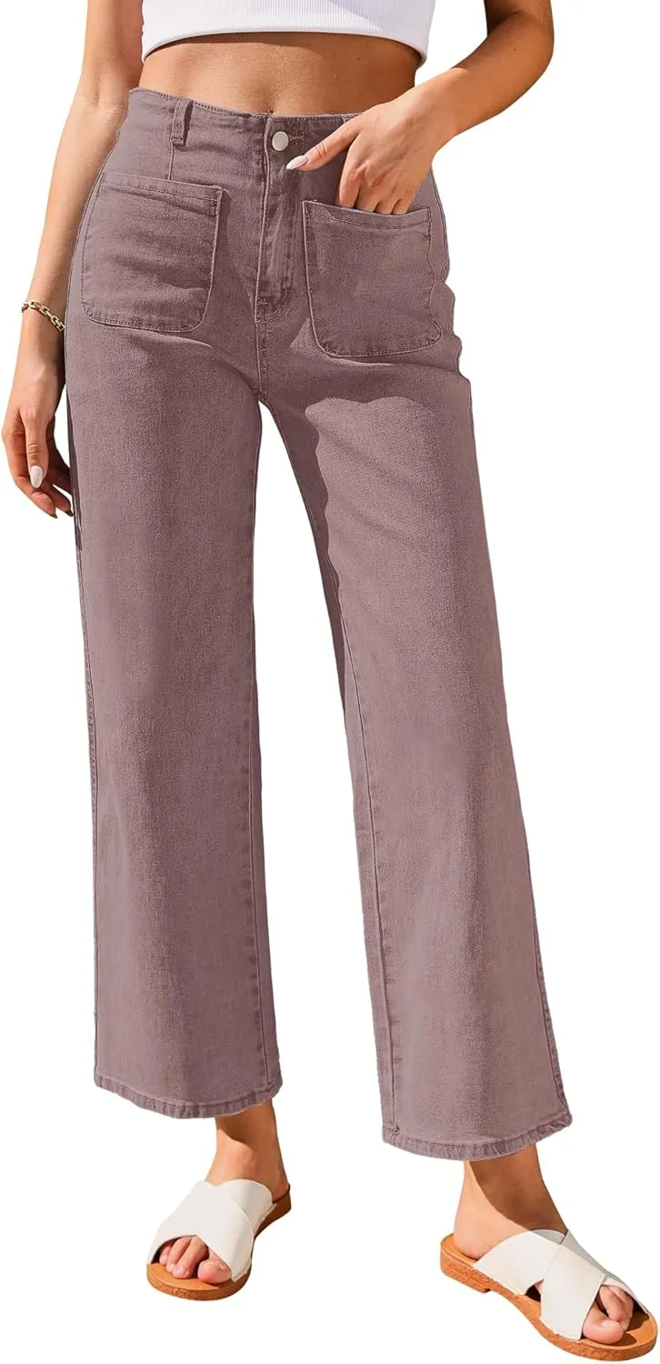 GRAPENT Wide Leg Jeans for Women High Waisted Straight Leg Stretchy Cropped Denim Pants with Pockets Jean Trousers