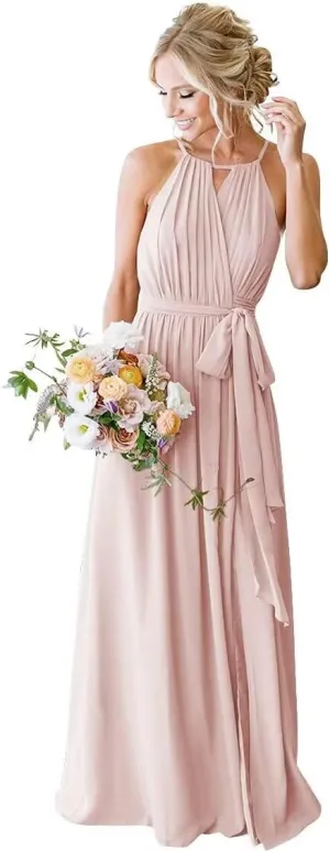 Halterneck Bridesmaid Dresses for Wedding Pleated Chiffon Long Formal Dresses with Slit