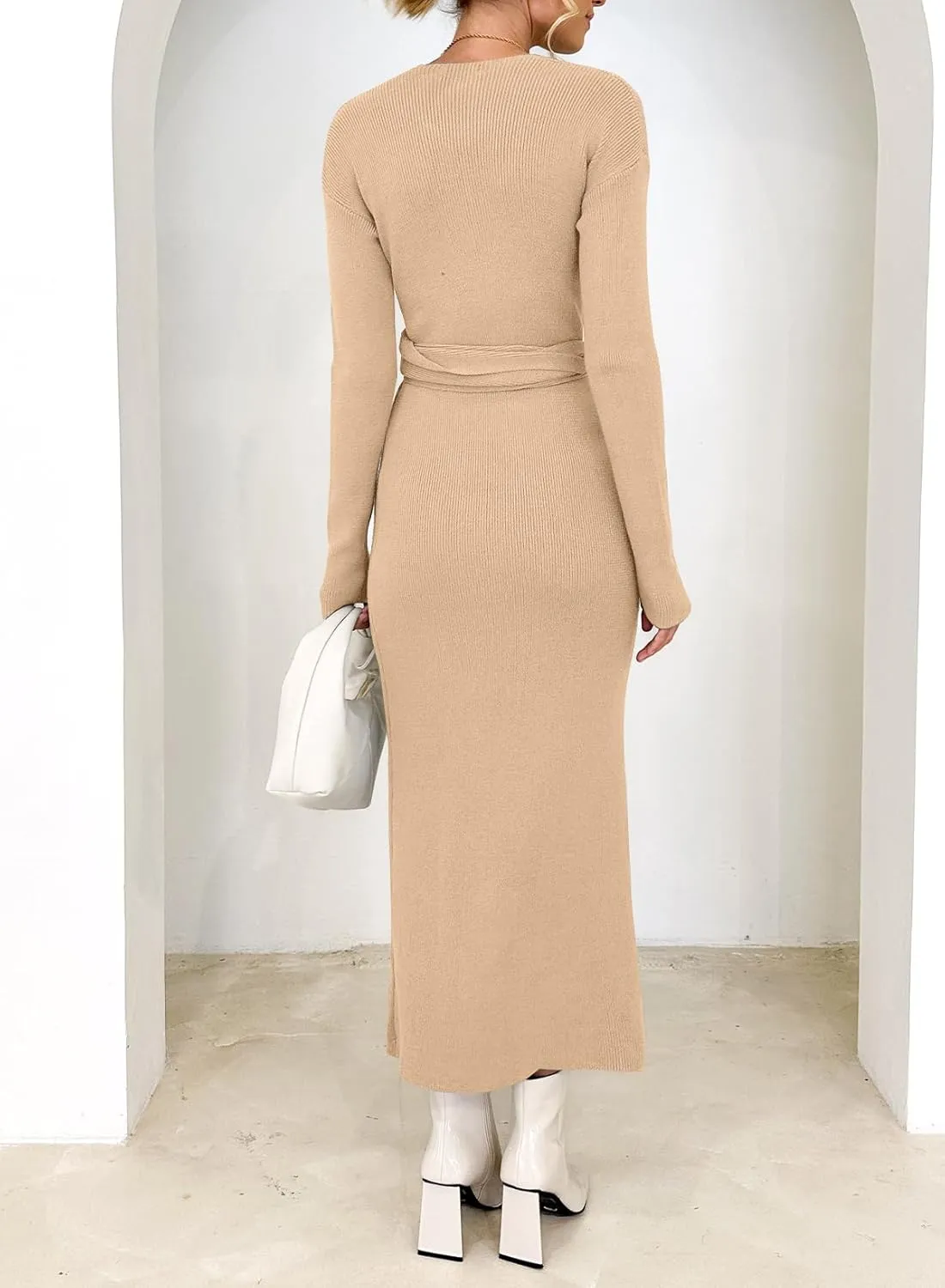 Happy Sailed Womens Knit Dress Spring Long Sleeve Wrap V Neck Tie Waist Ribbed Sweater Dresses