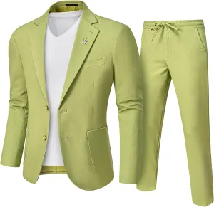 Hihawk Men's Linen Suit 2 Pieces Regular Fit, Two Buttons Lightweight Jacket and Pants for Beach Wedding, Summer Time, Prom