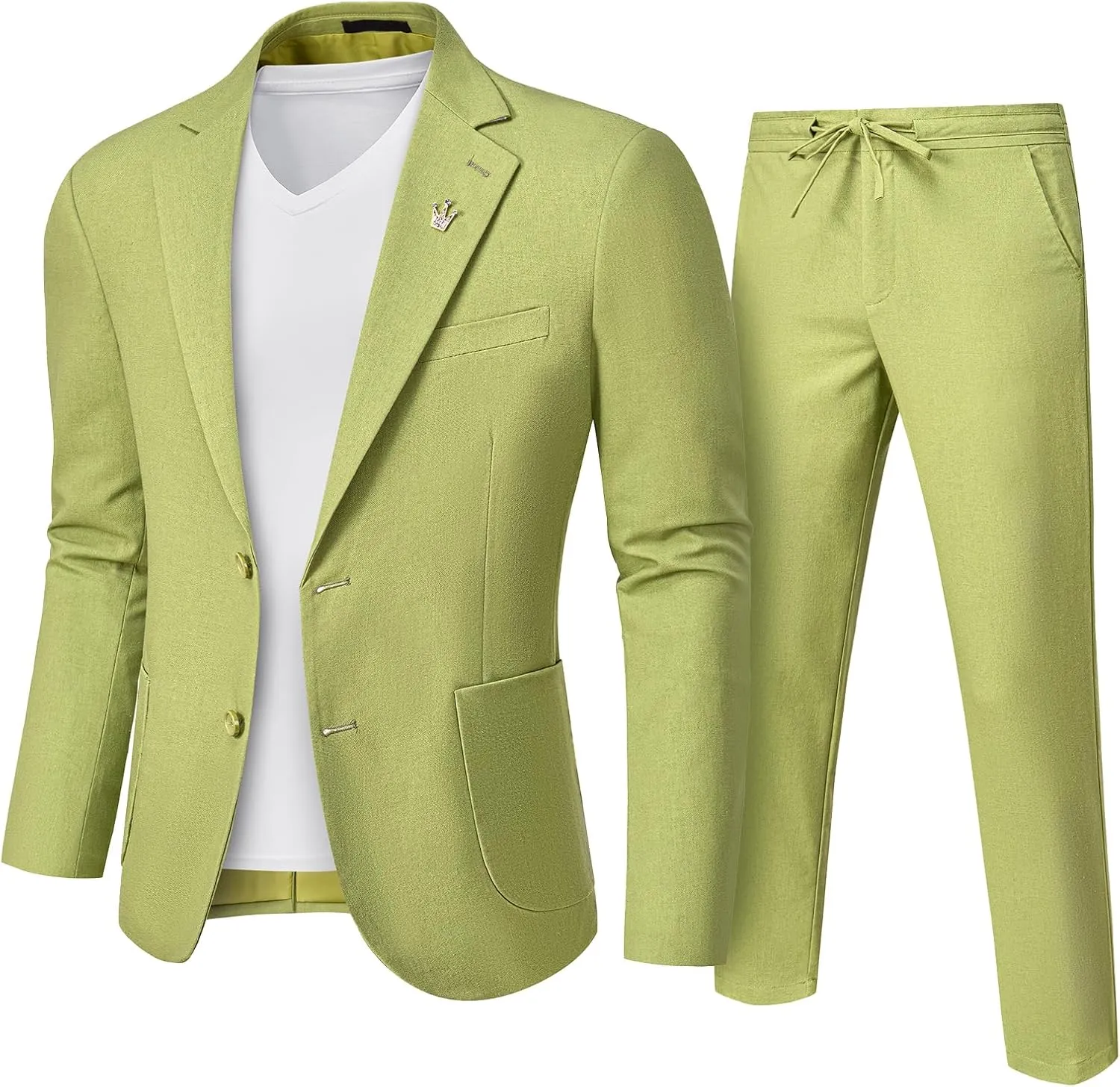 Hihawk Men's Linen Suit 2 Pieces Regular Fit, Two Buttons Lightweight Jacket and Pants for Beach Wedding, Summer Time, Prom