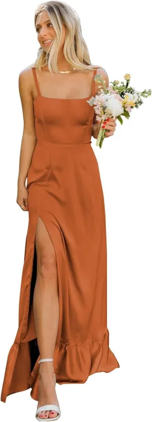IIF Satin Bridesmaid Dresses for Women Spaghetti Strap Square Neck Ruffle Evening Formal Gowns with Slit IIF123