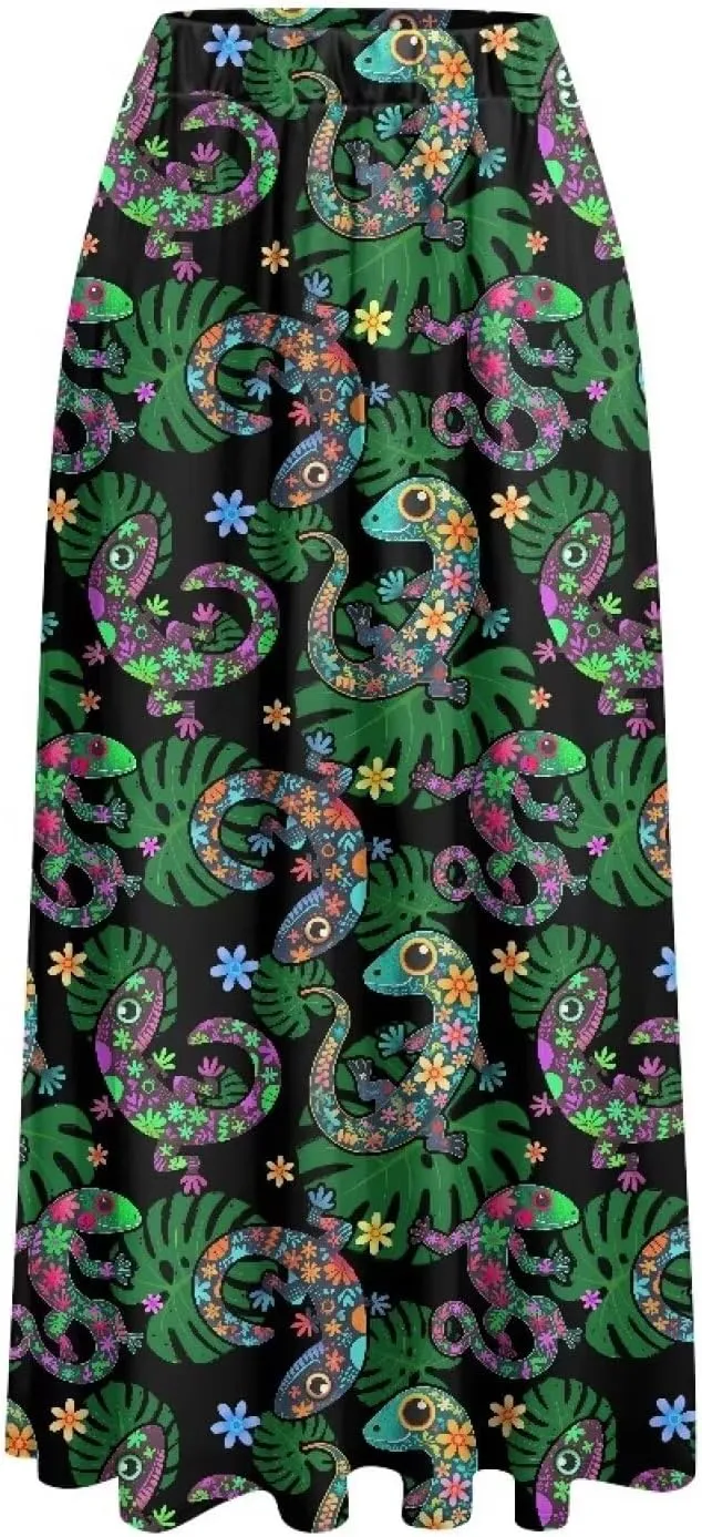 Irisjudy Women Elastic Waist Maxi Skirts Tropical Plant Flower Ankle Length Pleated Long Skirt Jamaican Lion Beach Maxi Skirt