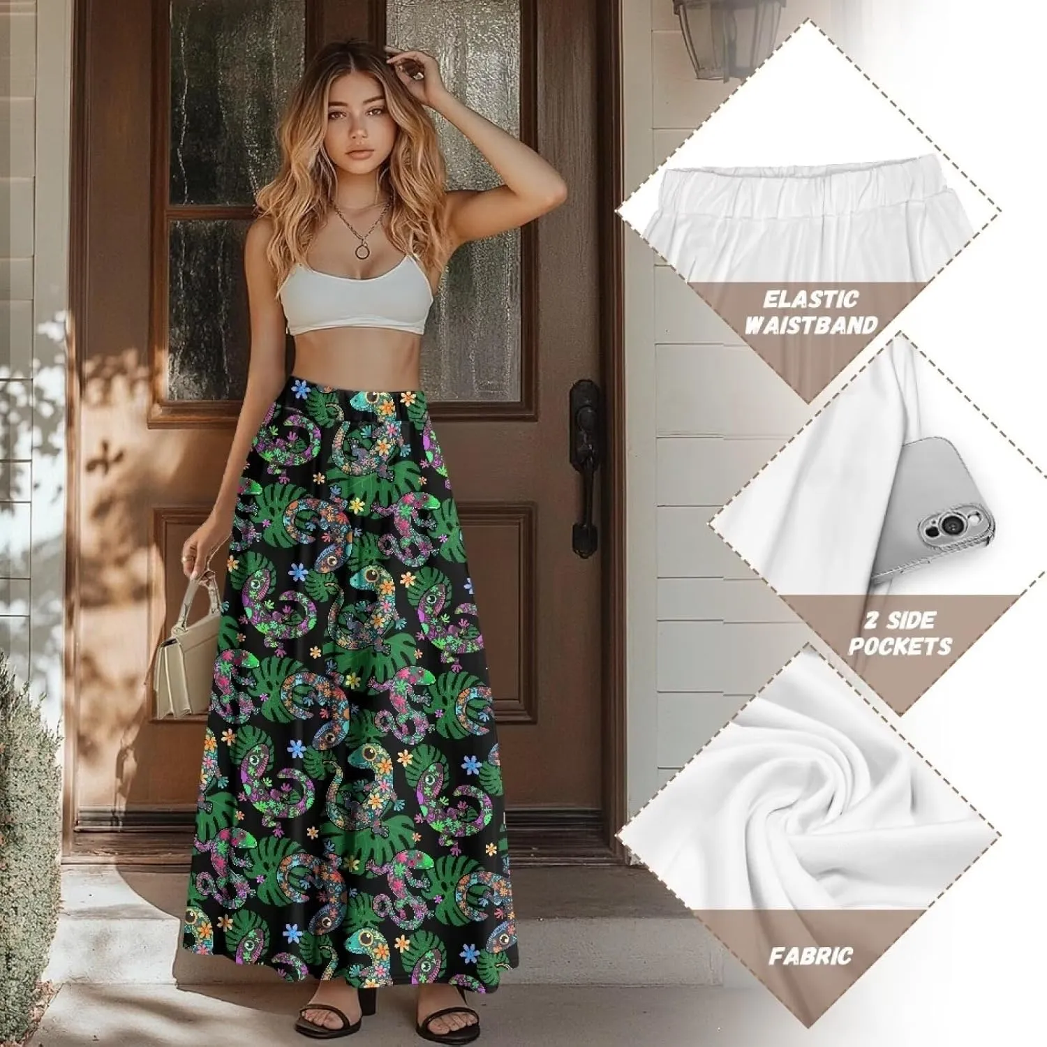 Irisjudy Women Elastic Waist Maxi Skirts Tropical Plant Flower Ankle Length Pleated Long Skirt Jamaican Lion Beach Maxi Skirt