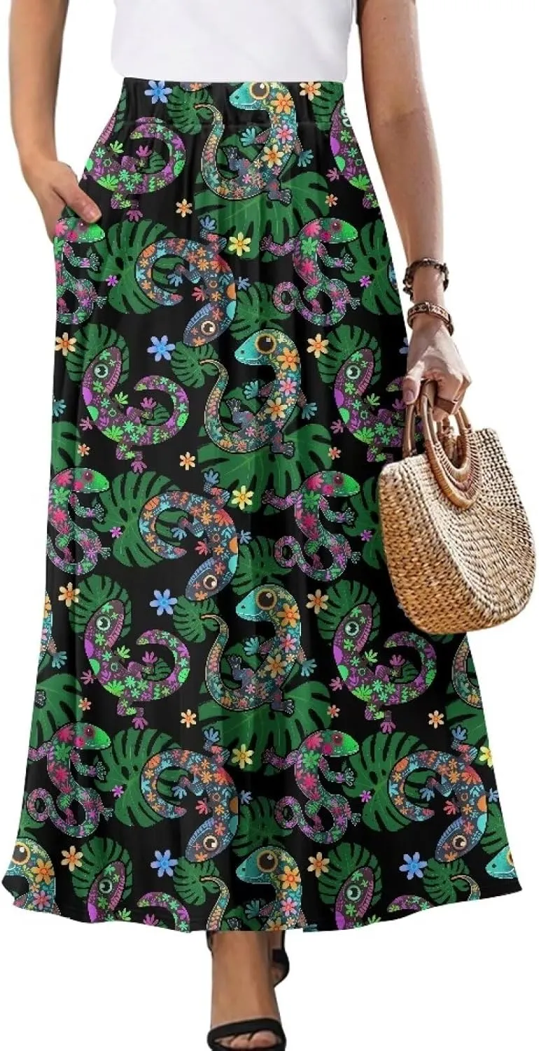 Irisjudy Women Elastic Waist Maxi Skirts Tropical Plant Flower Ankle Length Pleated Long Skirt Jamaican Lion Beach Maxi Skirt