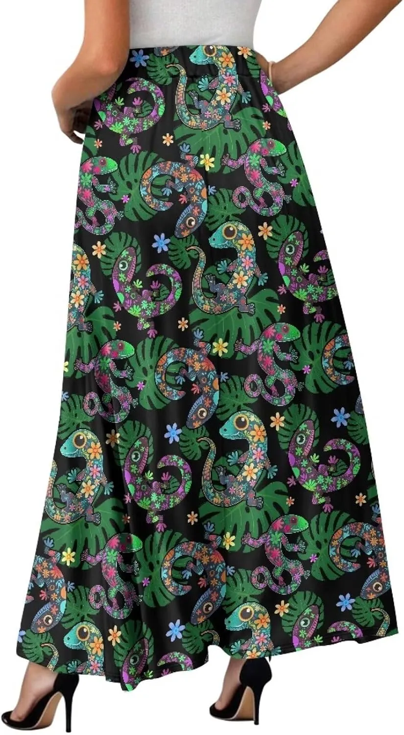 Irisjudy Women Elastic Waist Maxi Skirts Tropical Plant Flower Ankle Length Pleated Long Skirt Jamaican Lion Beach Maxi Skirt
