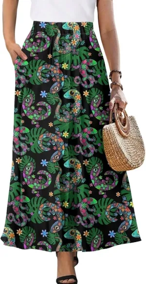 Irisjudy Women Elastic Waist Maxi Skirts Tropical Plant Flower Ankle Length Pleated Long Skirt Jamaican Lion Beach Maxi Skirt