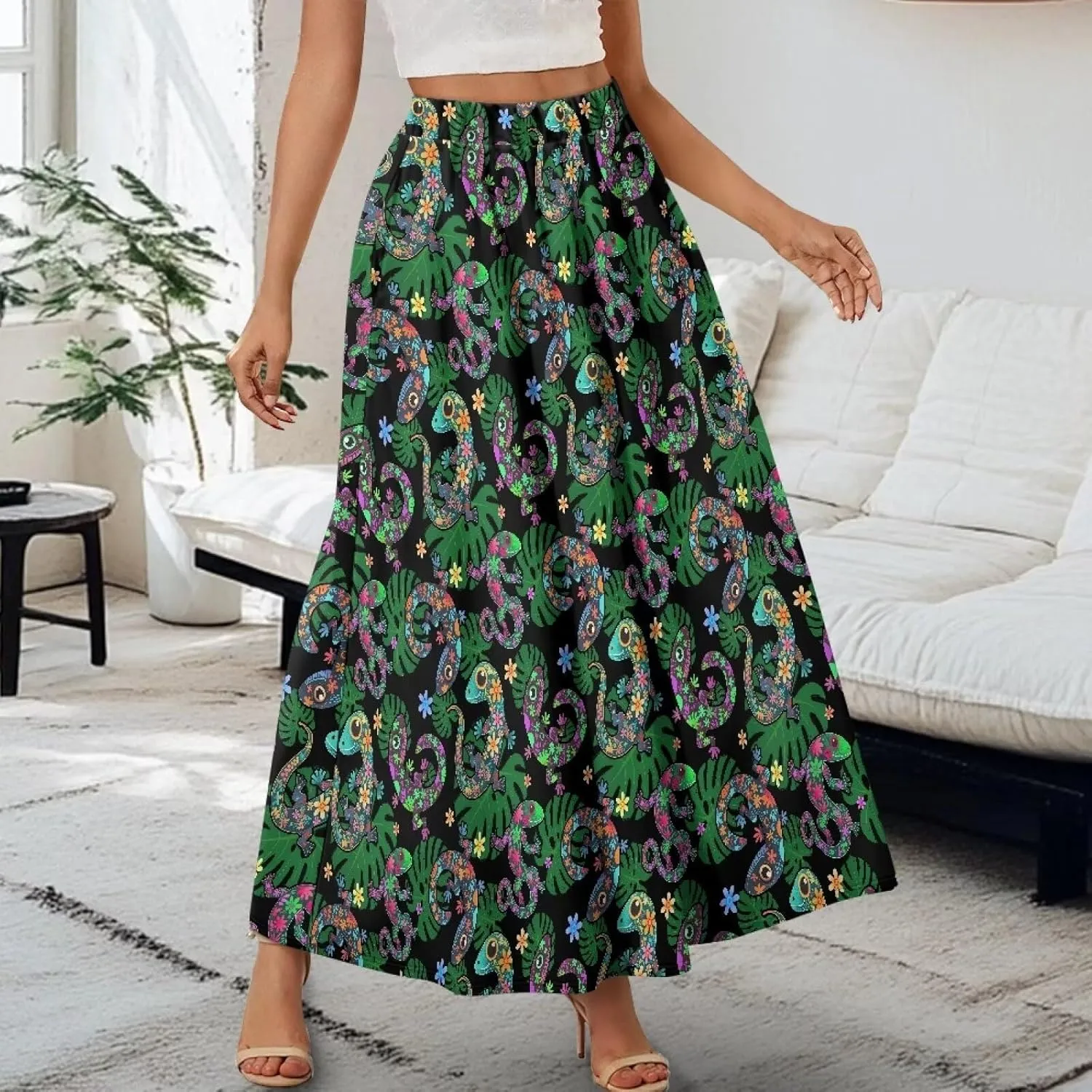 Irisjudy Women Elastic Waist Maxi Skirts Tropical Plant Flower Ankle Length Pleated Long Skirt Jamaican Lion Beach Maxi Skirt