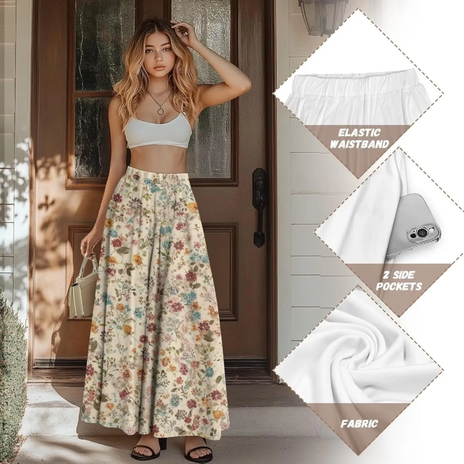Irisjudy Women's Flowy Maxi Skirt Boho Totem Elastic Waist Long Skirts Magic Mushroom Swing Maxi Long Skirt Dress with Pocket