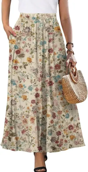 Irisjudy Women's Flowy Maxi Skirt Boho Totem Elastic Waist Long Skirts Magic Mushroom Swing Maxi Long Skirt Dress with Pocket