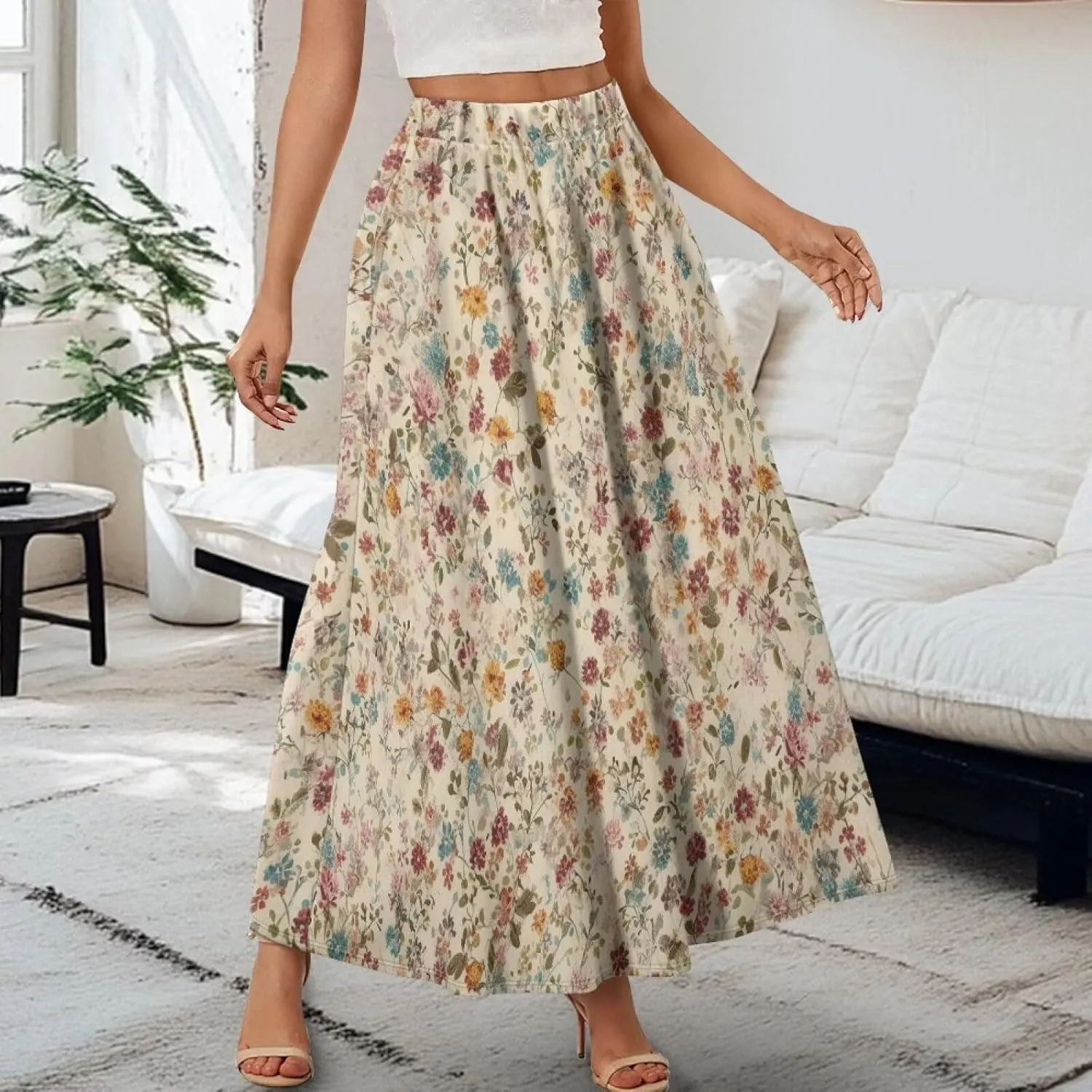 Irisjudy Women's Flowy Maxi Skirt Boho Totem Elastic Waist Long Skirts Magic Mushroom Swing Maxi Long Skirt Dress with Pocket