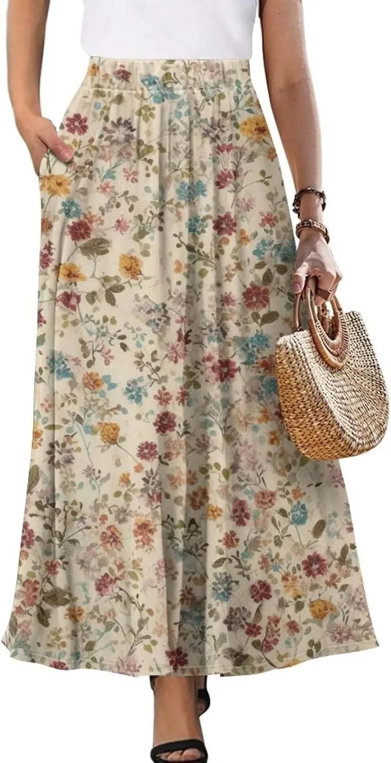 Irisjudy Women's Flowy Maxi Skirt Boho Totem Elastic Waist Long Skirts Magic Mushroom Swing Maxi Long Skirt Dress with Pocket