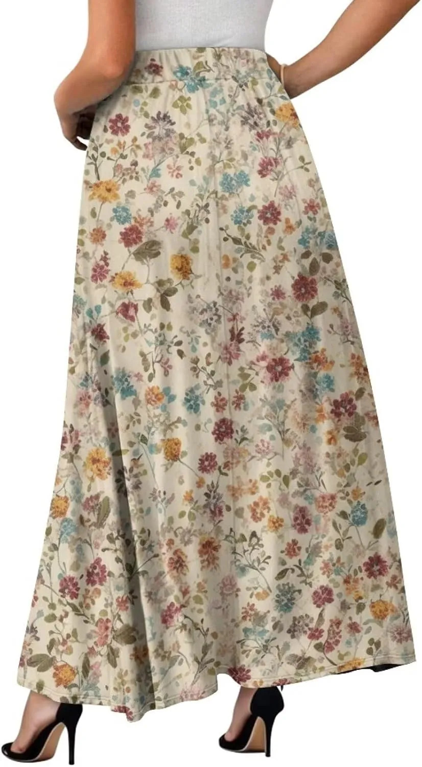 Irisjudy Women's Flowy Maxi Skirt Boho Totem Elastic Waist Long Skirts Magic Mushroom Swing Maxi Long Skirt Dress with Pocket