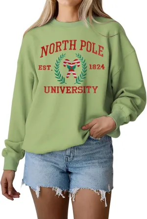 IZYJOY Christmas North Pole University Sweatshirt Women Xmas Candy Embroidered Shirt Crewneck Oversized Holiday Pullover Top