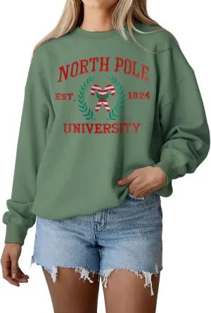 IZYJOY Christmas North Pole University Sweatshirt Women Xmas Candy Embroidered Shirt Crewneck Oversized Holiday Pullover Top