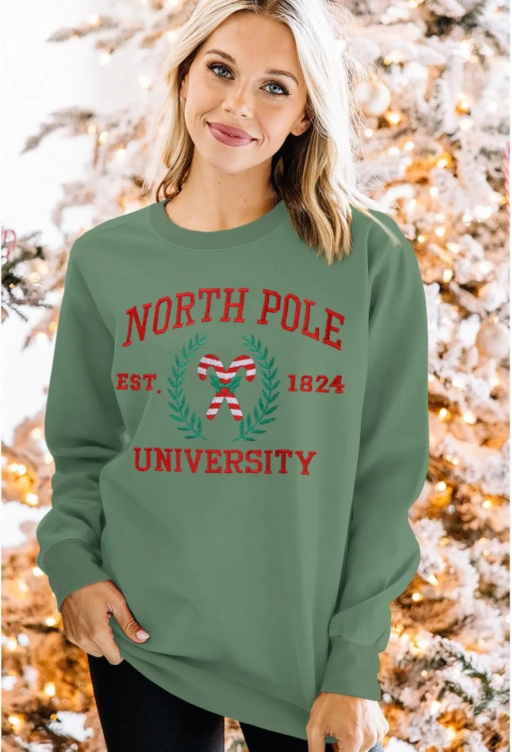 IZYJOY Christmas North Pole University Sweatshirt Women Xmas Candy Embroidered Shirt Crewneck Oversized Holiday Pullover Top