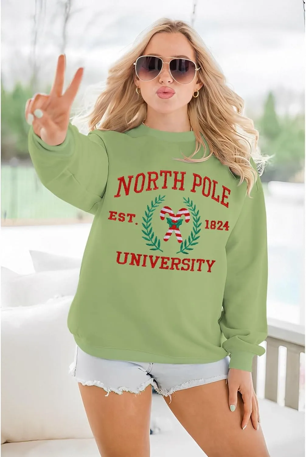 IZYJOY Christmas North Pole University Sweatshirt Women Xmas Candy Embroidered Shirt Crewneck Oversized Holiday Pullover Top