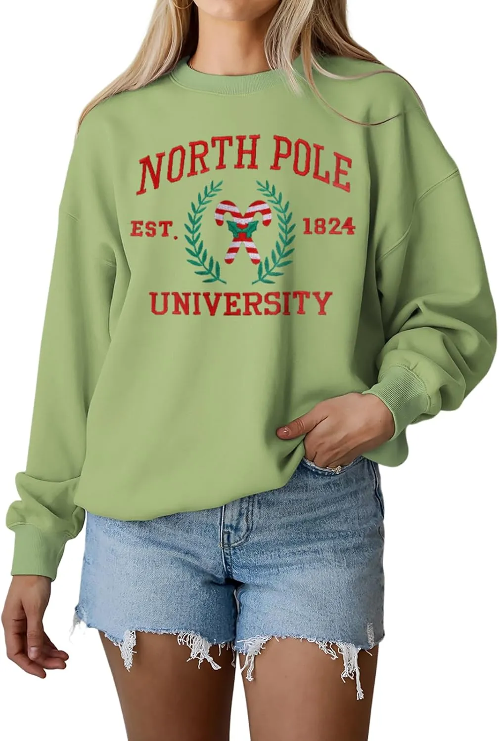 IZYJOY Christmas North Pole University Sweatshirt Women Xmas Candy Embroidered Shirt Crewneck Oversized Holiday Pullover Top