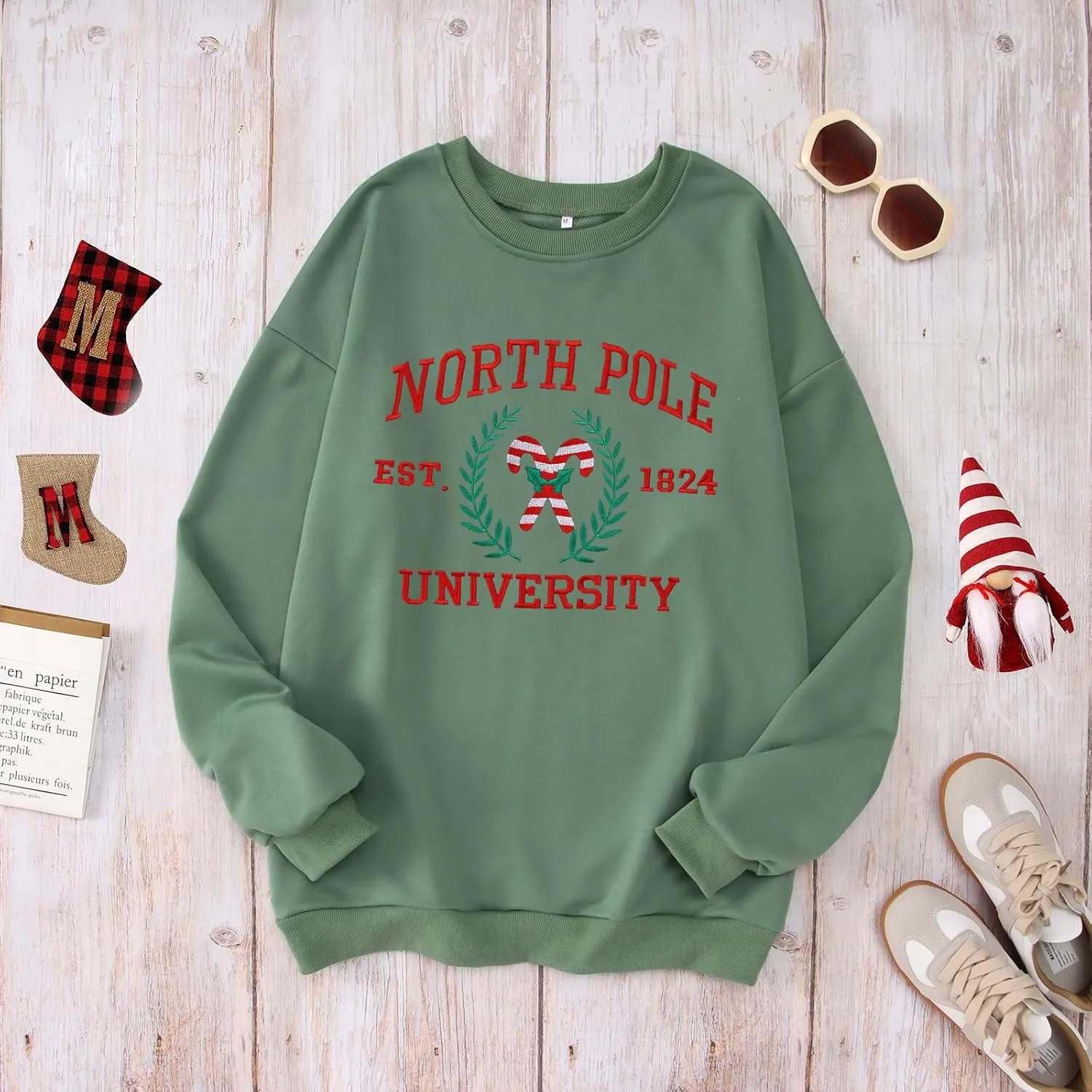 IZYJOY Christmas North Pole University Sweatshirt Women Xmas Candy Embroidered Shirt Crewneck Oversized Holiday Pullover Top