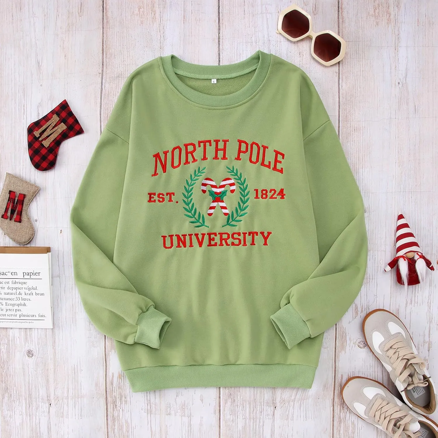 IZYJOY Christmas North Pole University Sweatshirt Women Xmas Candy Embroidered Shirt Crewneck Oversized Holiday Pullover Top