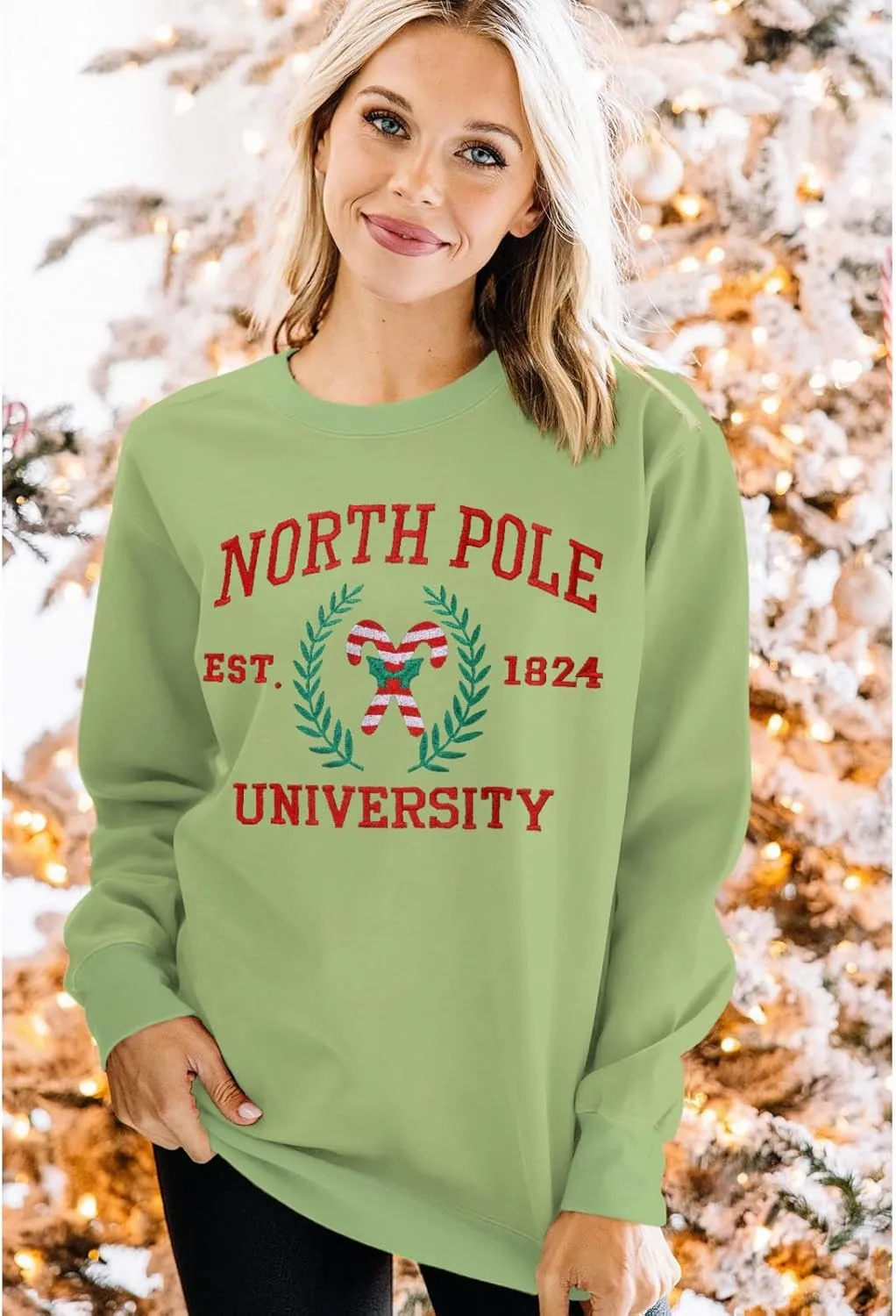 IZYJOY Christmas North Pole University Sweatshirt Women Xmas Candy Embroidered Shirt Crewneck Oversized Holiday Pullover Top