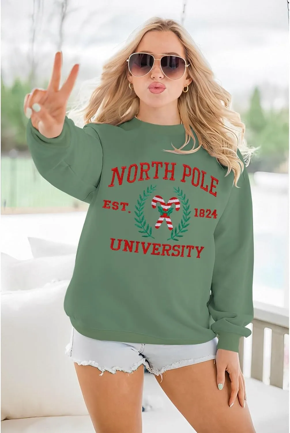 IZYJOY Christmas North Pole University Sweatshirt Women Xmas Candy Embroidered Shirt Crewneck Oversized Holiday Pullover Top