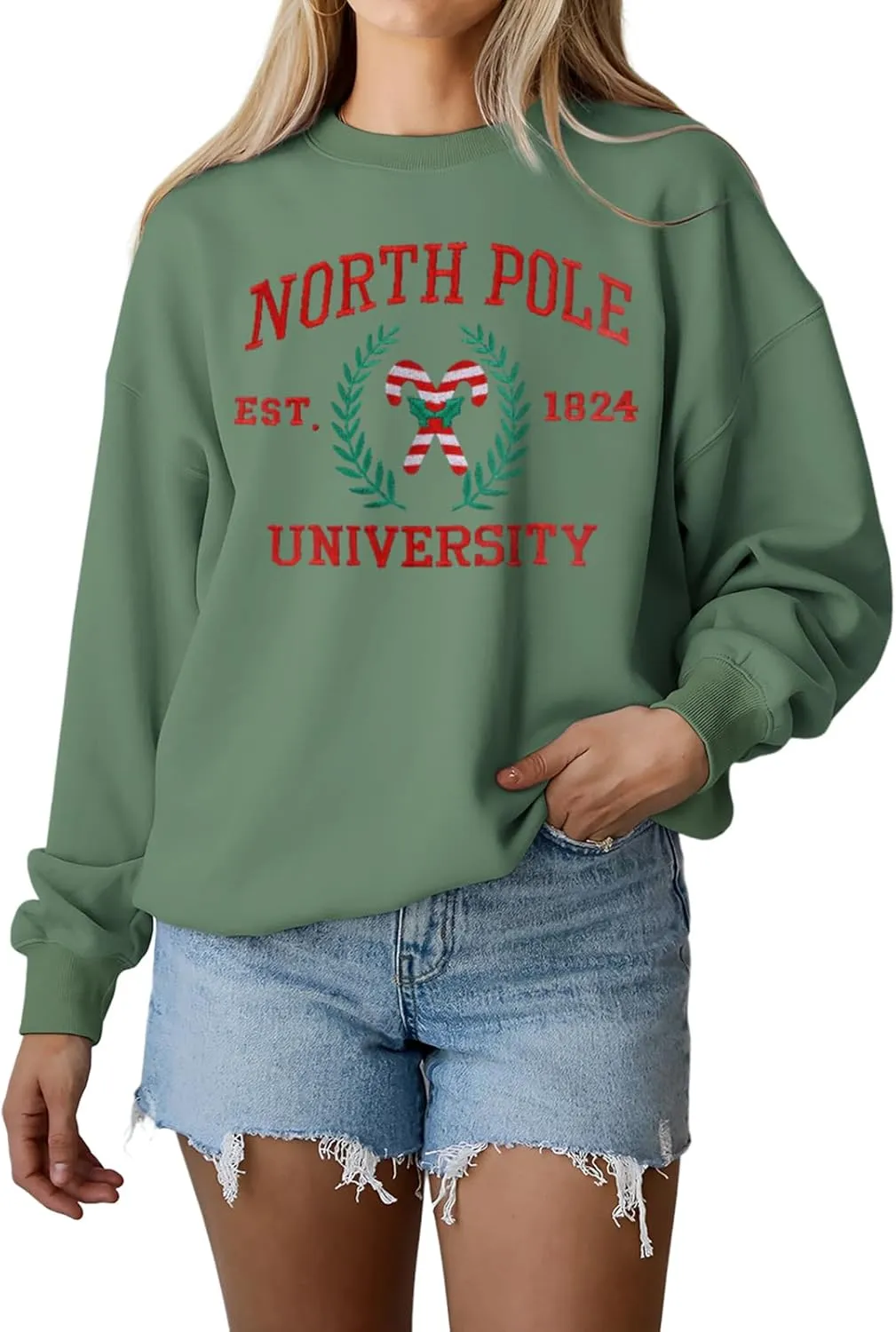 IZYJOY Christmas North Pole University Sweatshirt Women Xmas Candy Embroidered Shirt Crewneck Oversized Holiday Pullover Top