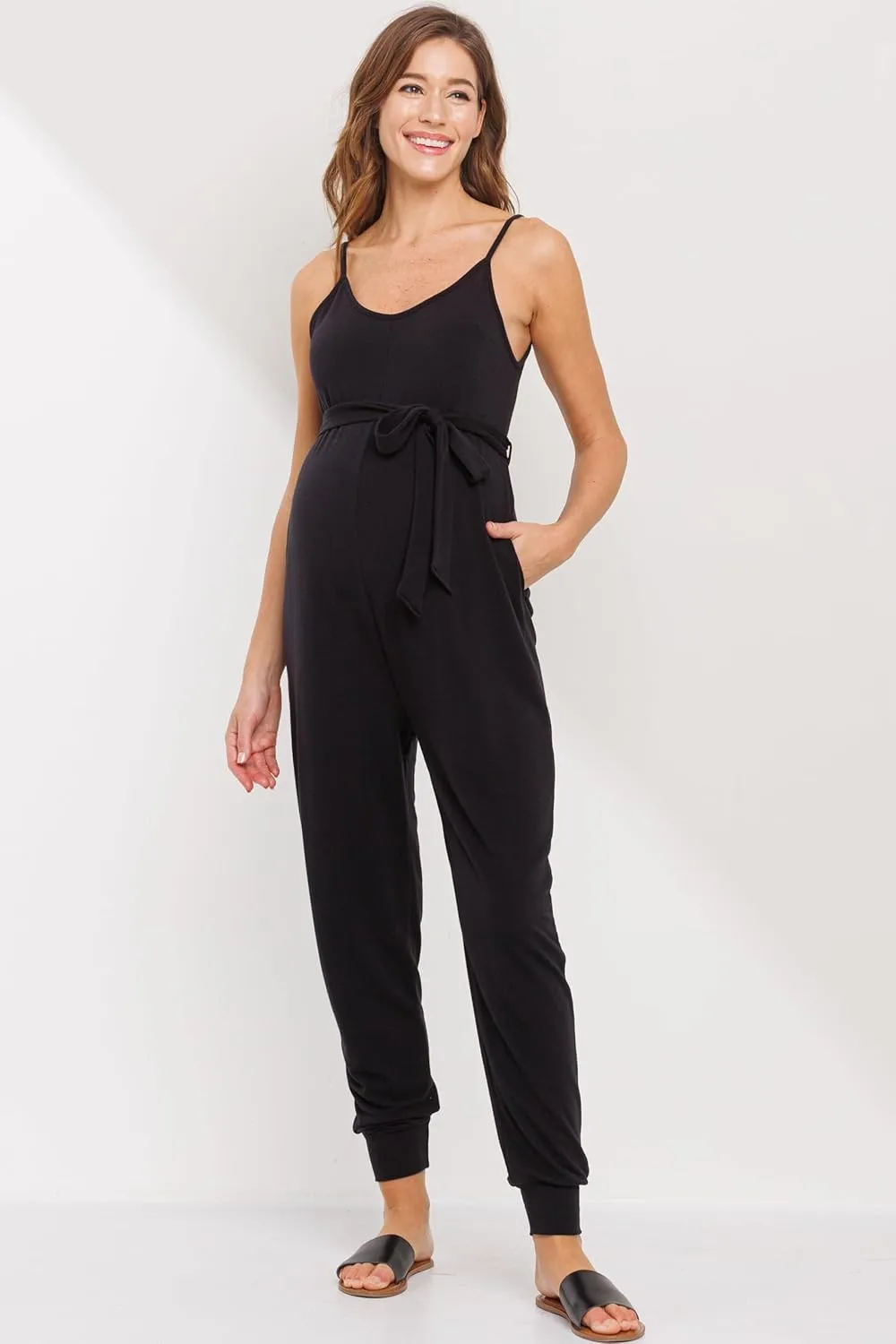 LaClef Womens Sleeveless Drawstring High Waist Maternity Jumpsuit
