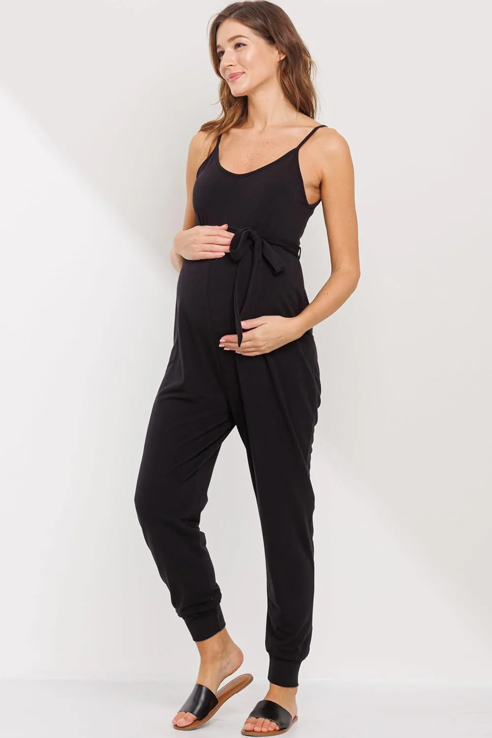 LaClef Womens Sleeveless Drawstring High Waist Maternity Jumpsuit