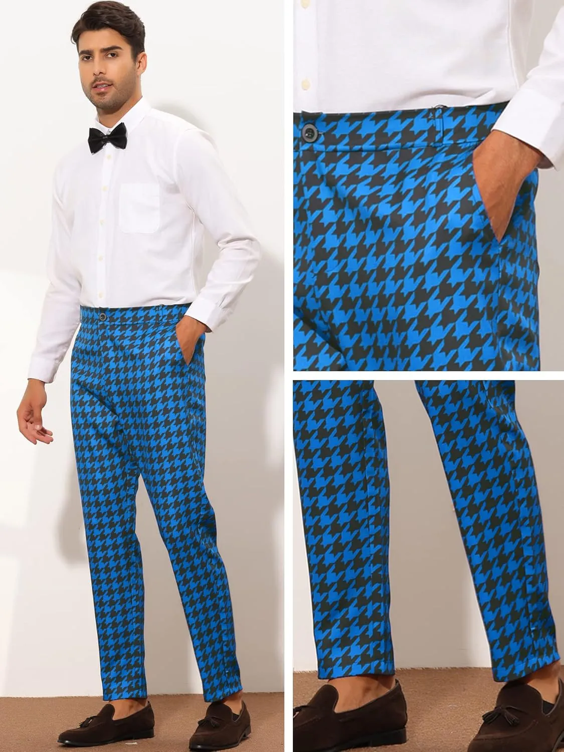 Lars Amadeus Houndstooth Dress Pants for Men's Big and Tall Regular Fit Plaid Checked Trousers