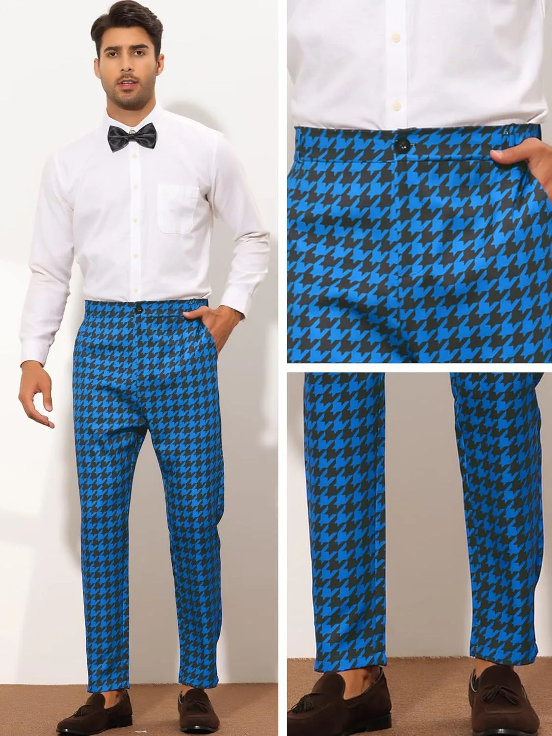 Lars Amadeus Houndstooth Dress Pants for Men's Big and Tall Regular Fit Plaid Checked Trousers