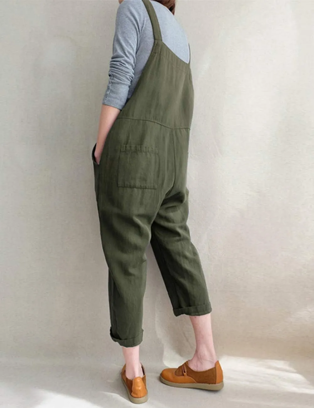 Lncropo Women's Baggy Linen Overalls Jumpsuit Loose Rompers Wide Leg Casual Pants with Pockets