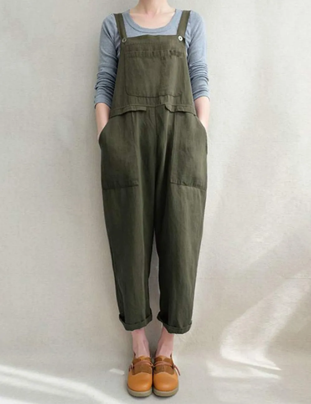 Lncropo Women's Baggy Linen Overalls Jumpsuit Loose Rompers Wide Leg Casual Pants with Pockets
