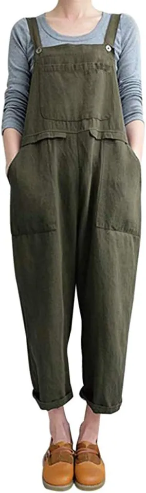 Lncropo Women's Baggy Linen Overalls Jumpsuit Loose Rompers Wide Leg Casual Pants with Pockets