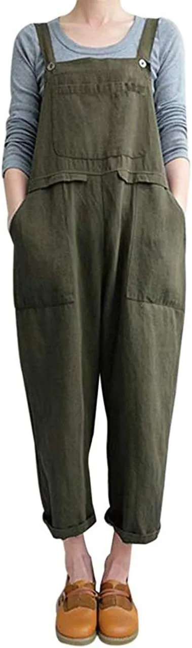 Lncropo Women's Baggy Linen Overalls Jumpsuit Loose Rompers Wide Leg Casual Pants with Pockets