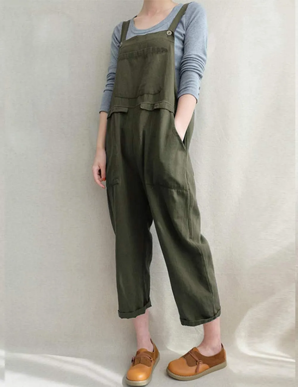 Lncropo Women's Baggy Linen Overalls Jumpsuit Loose Rompers Wide Leg Casual Pants with Pockets