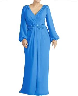 Long Sleeve Wedding Guest Dress V Neck Chiffon Mother of The Bride Dresses Waist with Lace Appliques