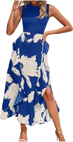 Maxi Boho Sun dresseses for Women 2024 Elegant Sleeveless Split Beach Long Flowy Dress Casual Summer Floral Dresses